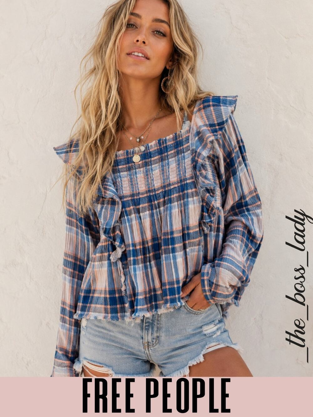 Free People paid top We The Free ruffled pullover square neck smock blue XS